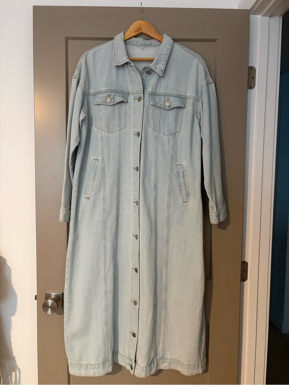 Upcycled Light Wash Denim Long Trench Coat - Women